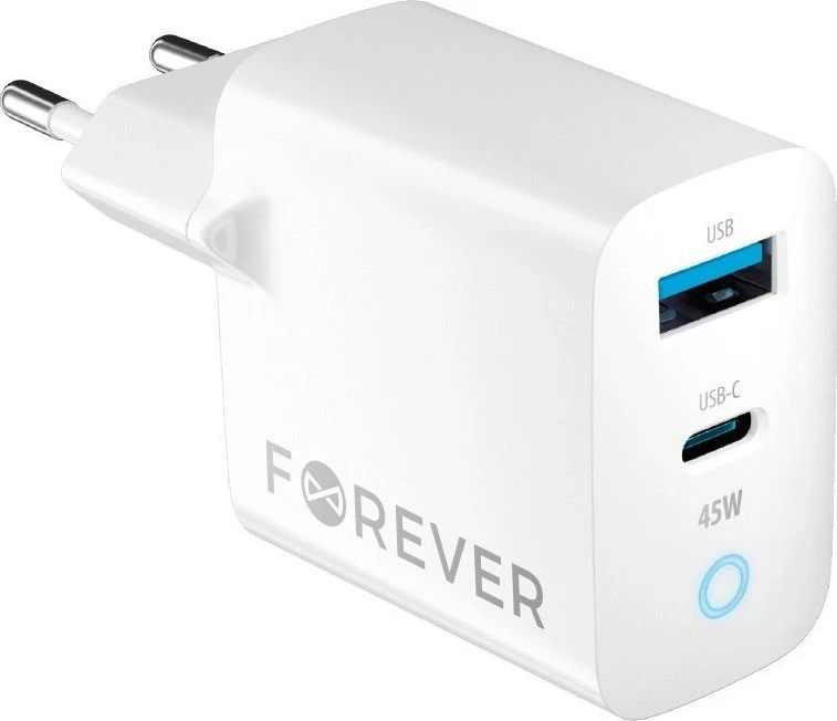 TelForceone Forever TC-06-45AC GaN PD QC įkroviklis 1x USB-C 1x USB 45W baltas