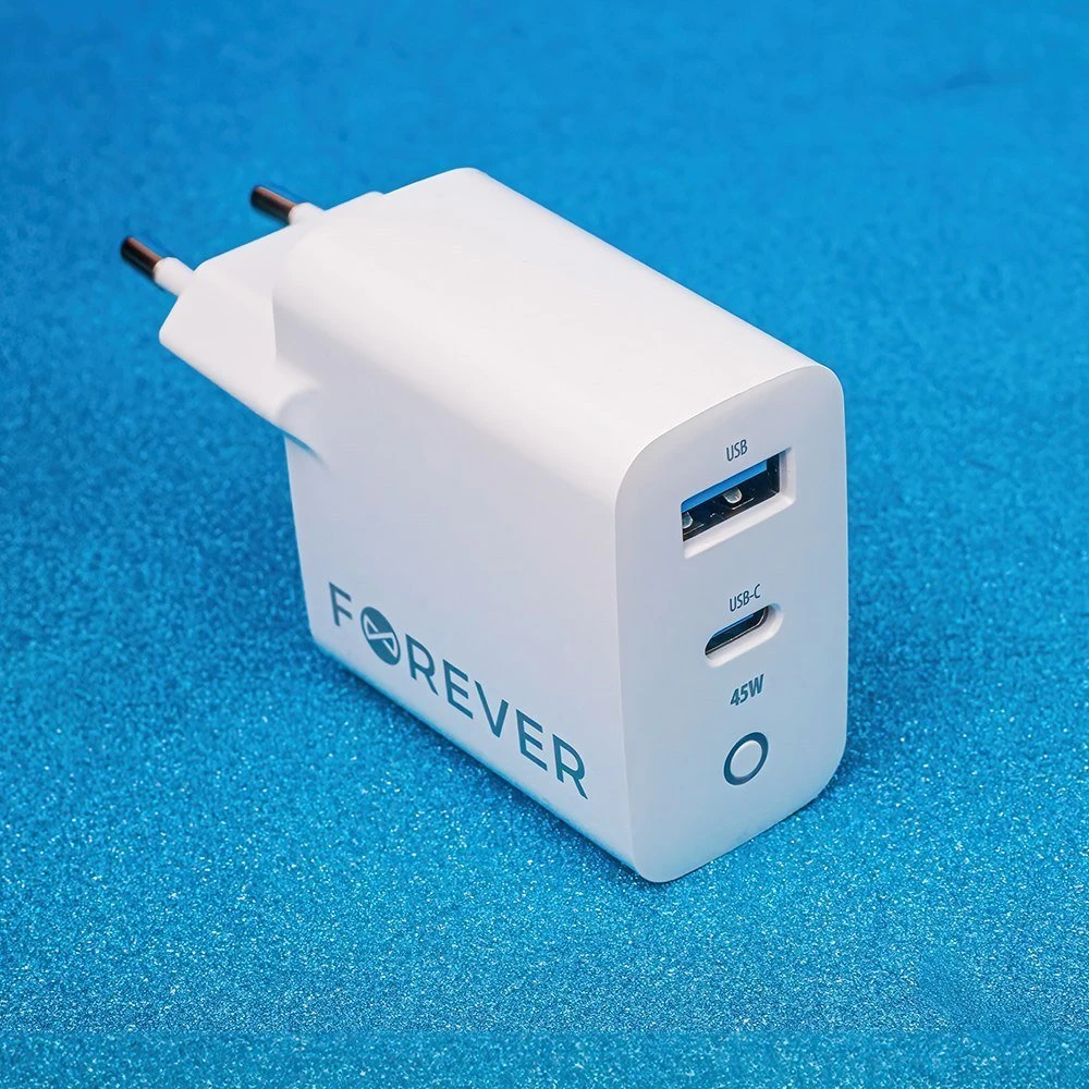 TelForceone Forever TC-06-45AC GaN PD QC įkroviklis 1x USB-C 1x USB 45W baltas