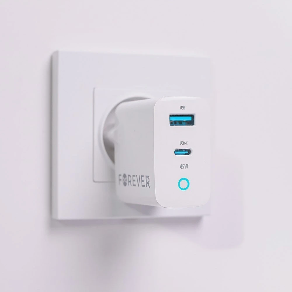 TelForceone Forever TC-06-45AC GaN PD QC įkroviklis 1x USB-C 1x USB 45W baltas