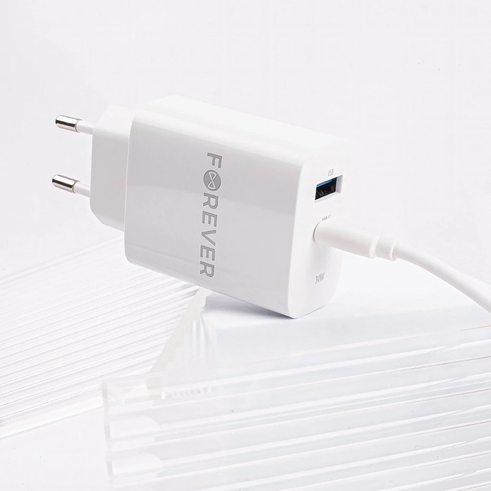 Forever TC-07-30AC PD QC įkroviklis 1x USB-C 1x USB 30W baltas