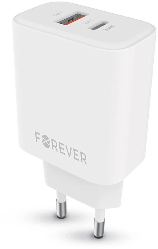 Telforceone Forever TC-09-33AC GaN PD QC charger 1x USB-C 1x USB 33W baltas