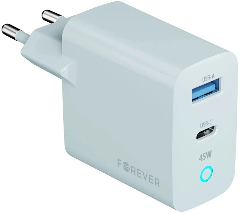 Forever Vibe-TC45AC GaN PD QC įkroviklis 1x USB-C 1x USB 45W sidabrinis