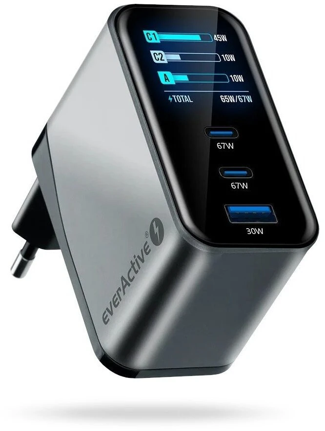 Įkroviklis - everActive SC-670Q Pro 67W 1xUSB-A 2xUSB-C, LCD Ekranas, Juoda