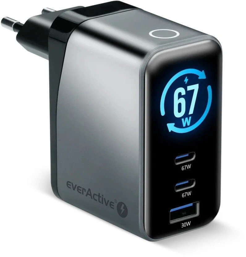 Įkroviklis - everActive SC-670Q Pro 67W 1xUSB-A 2xUSB-C, LCD Ekranas, Juoda