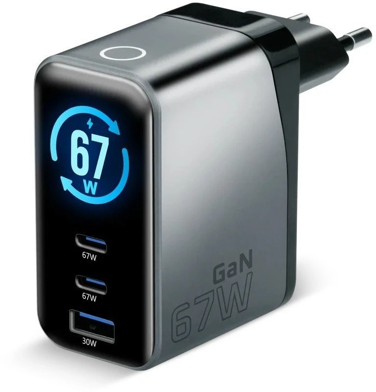 Įkroviklis - everActive SC-670Q Pro 67W 1xUSB-A 2xUSB-C, LCD Ekranas, Juoda