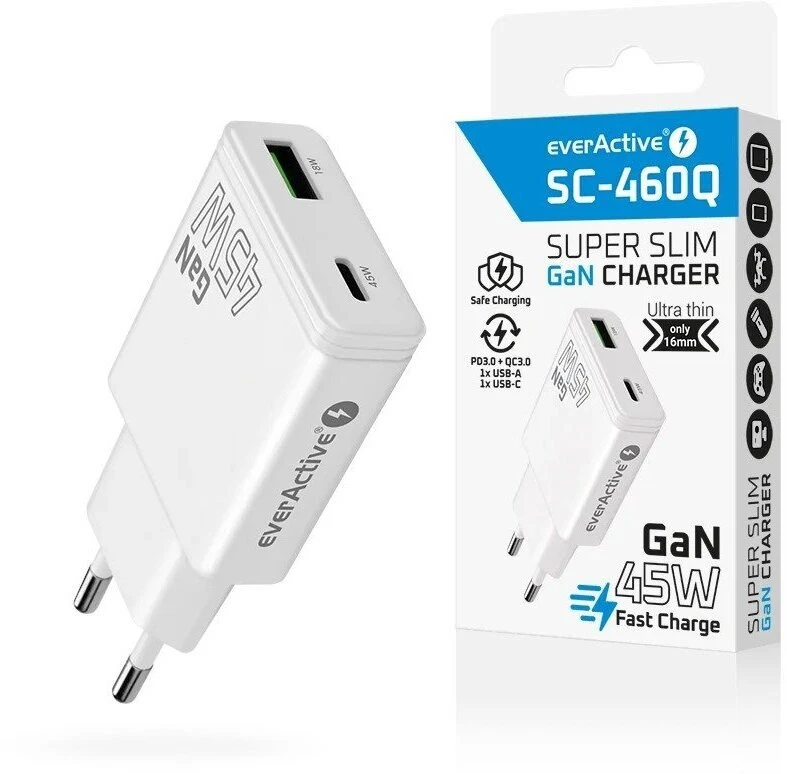 Įkroviklis - everActive SC-460Q 45W USB & USB-C Greitas Įkroviklis, Balta