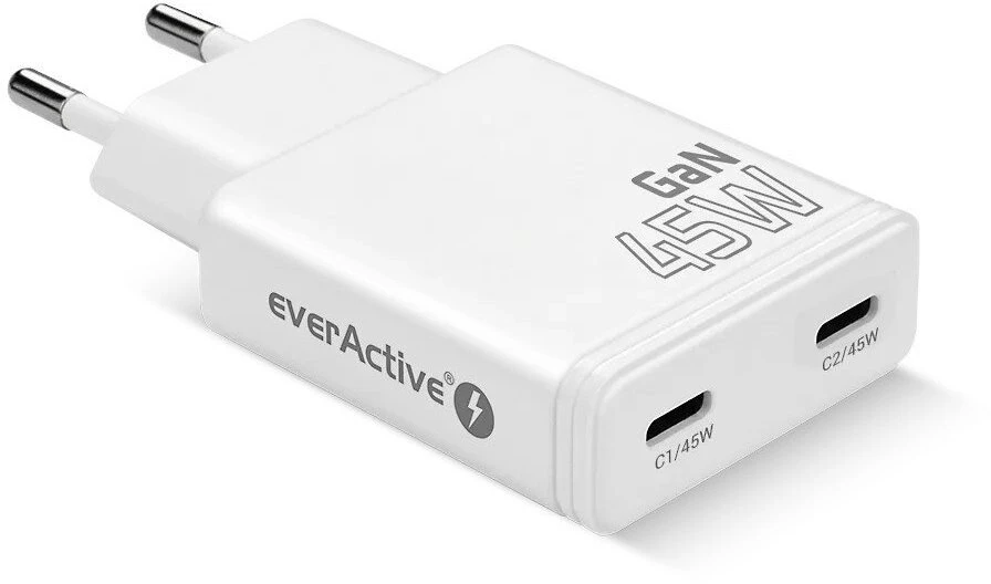 Įkroviklis - everActive 45W 2xUSB-C GaN Greitas Įkroviklis, Balta