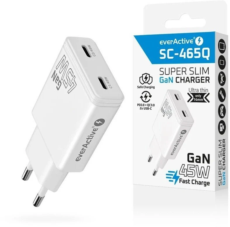 Įkroviklis - everActive 45W 2xUSB-C GaN Greitas Įkroviklis, Balta