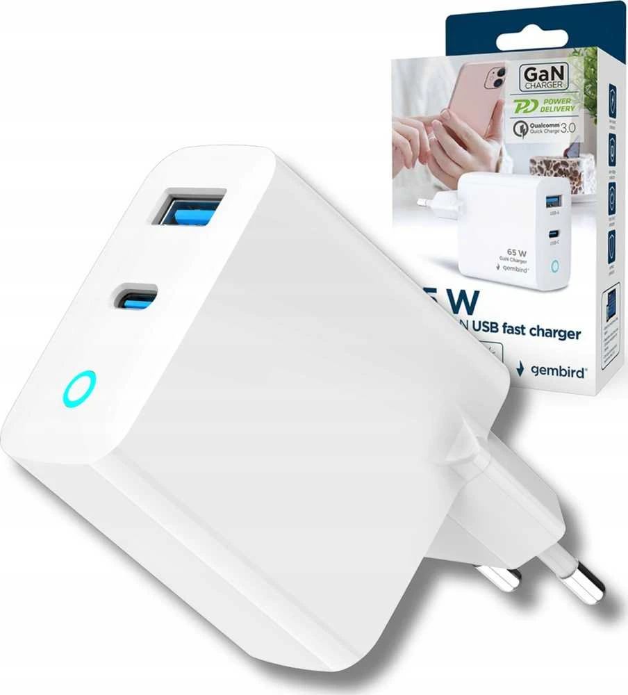 Gembird 2 prievadų 30 W GaN USB greitasis įkroviklis, LED baltas TA-UC-PDQC30L-W-01
