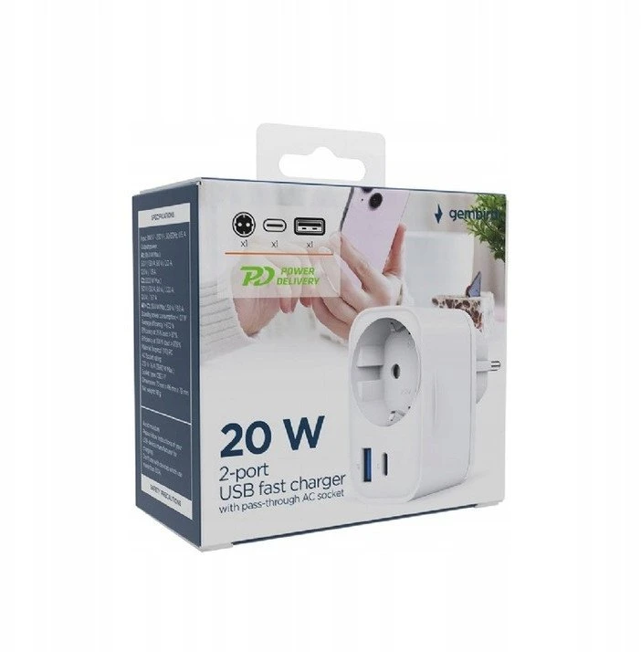 GEMBIRD 2-port USB fast charger with pass-through AC socket 20W baltas