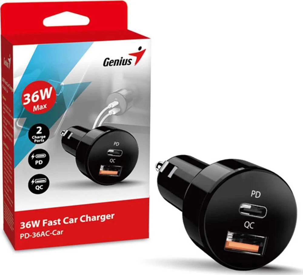Įkroviklis Car Genius 36W, 2 prievadų, USB-C, USB-A, PD-36AC-Car