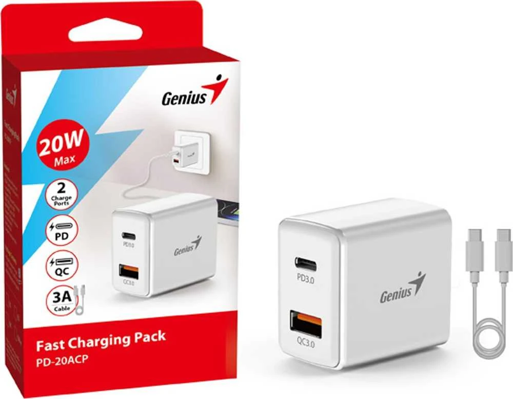 Genius Maitinimo šaltinis / tinklo adapteris 20W, 2 prievadų, USB-C, USB-A, PD-20ACP