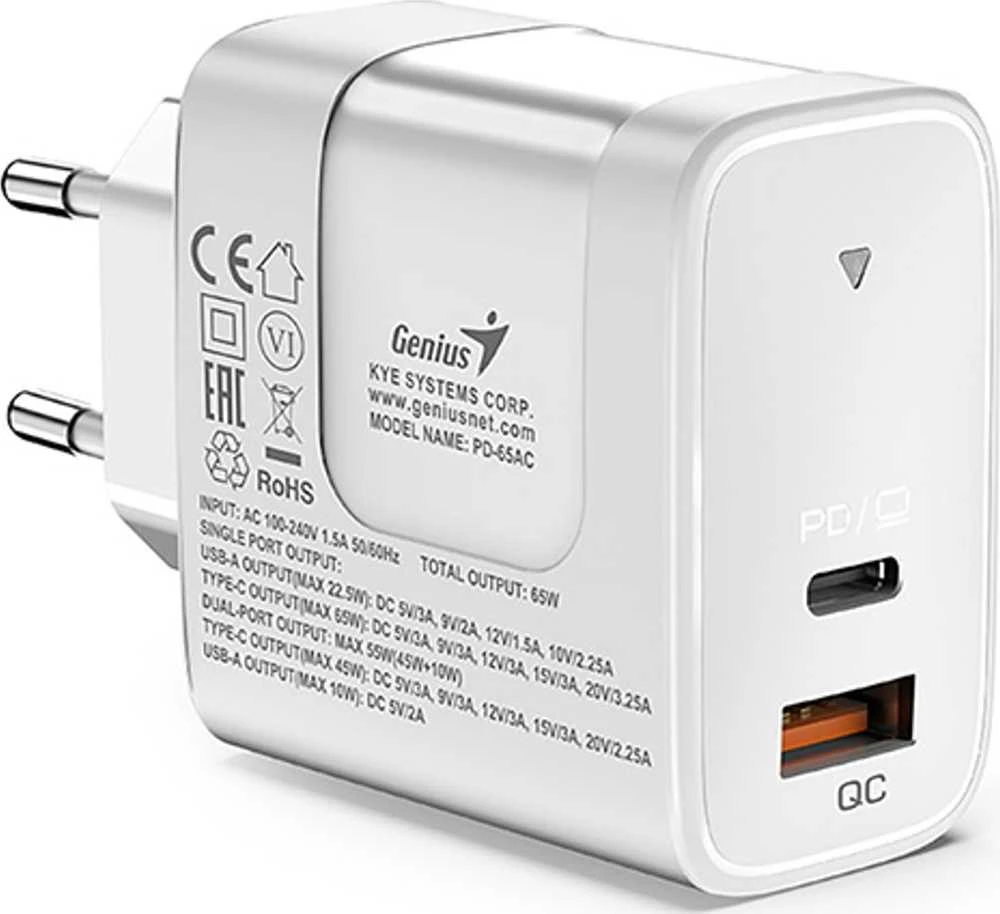 Genius Maitinimo šaltinis / tinklo adapteris 65W, 2 prievadų, USB-C, USB-A, PD-65AC