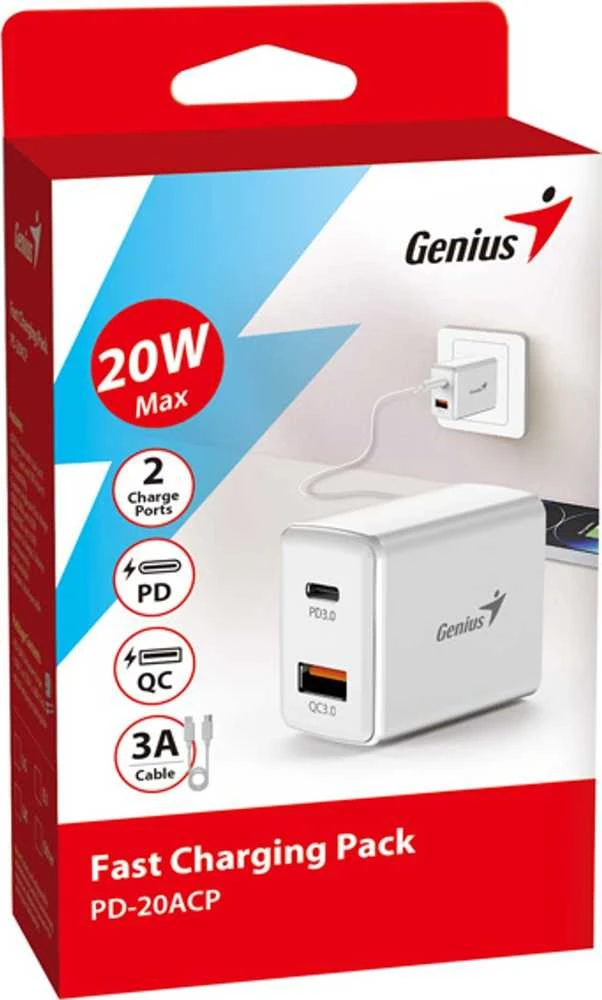 Genius Maitinimo šaltinis / tinklo adapteris 20W, 2 prievadų, USB-C, USB-A, PD-20ACP