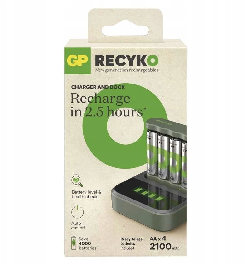 GP Battery GP Baterija GP - „ReCyko Everyday“ baterijų įkroviklis, B441 (USB) + stotelė D451, įskaitant 4 x AA 2100 mAh baterijas