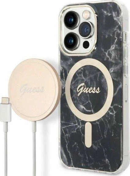 Guess Rinkinys GUBPP14XHMEACSK Dėklas+ Įkroviklis Apple iPhone 14 Pro Max 6,7″ juodos spalvos kietas dėklas Marble MagSa