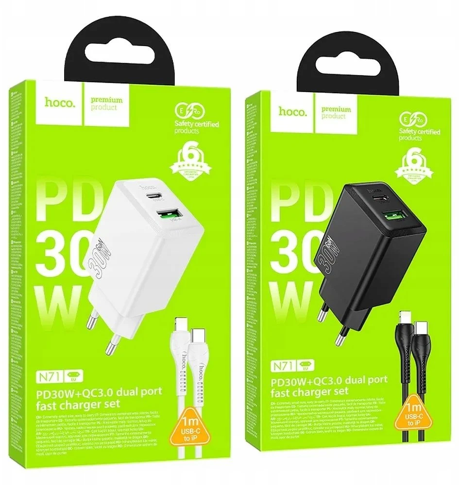 Telefono įkroviklis Hoco USB A + USB C QC3.0 PD AFC 3A 30W + laidas USB C į USB C N71 baltas