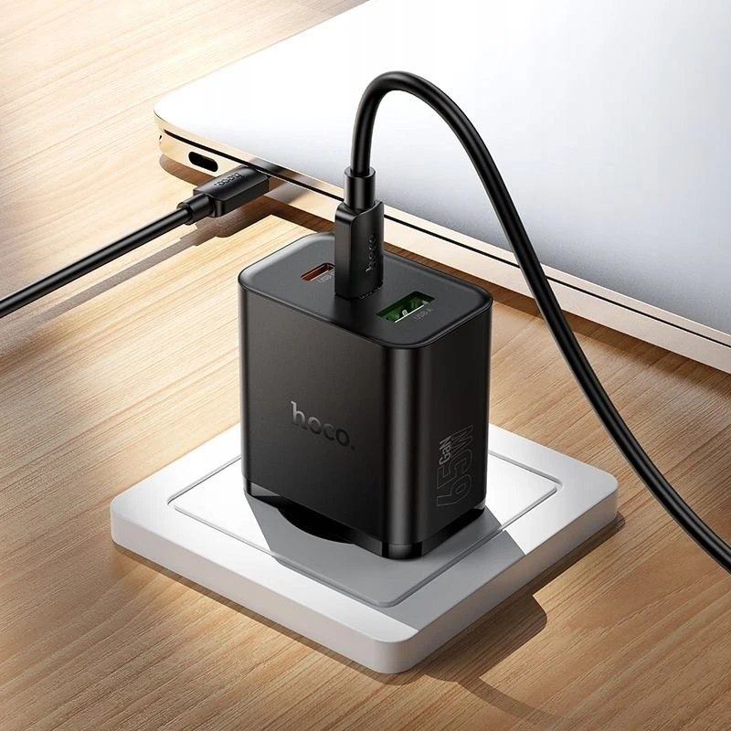 Telefono įkroviklis Hoco 2x USB C + USB A QC3.0 PD 3A 65W N75 juodas