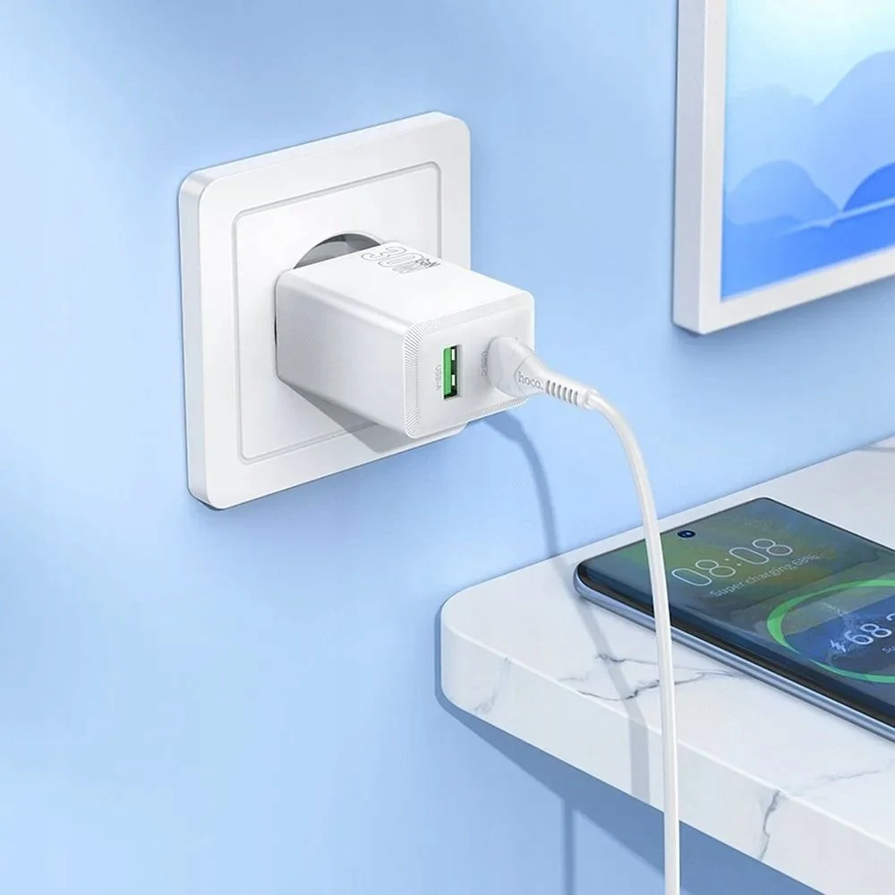 Telefono įkroviklis Hoco USB A + USB C QC3.0 PD AFC 3A 30W N71 baltas
