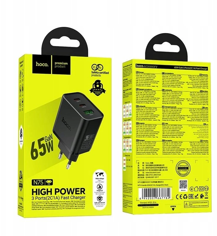 Telefono įkroviklis Hoco 2x USB C + USB A QC3.0 PD 3A 65W N75 juodas