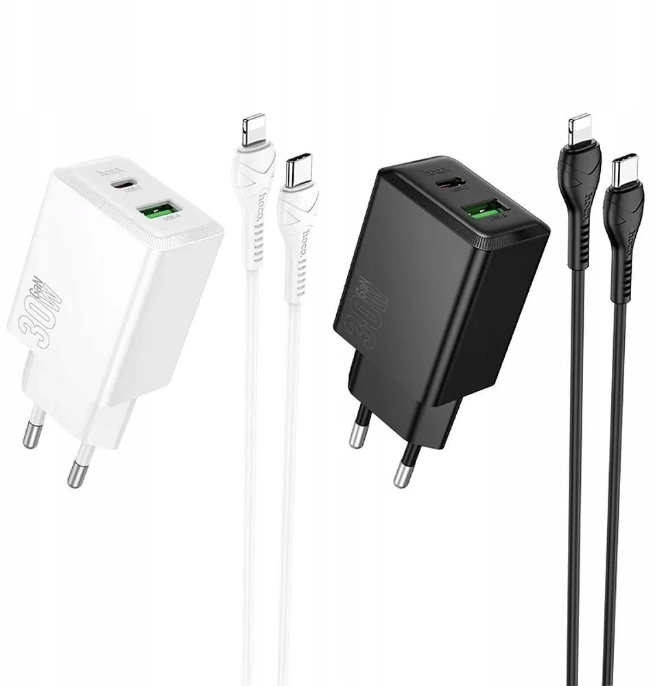 Telefono įkroviklis Hoco USB A + USB C QC3.0 PD AFC 3A 30W + laidas USB C į USB C N71 baltas