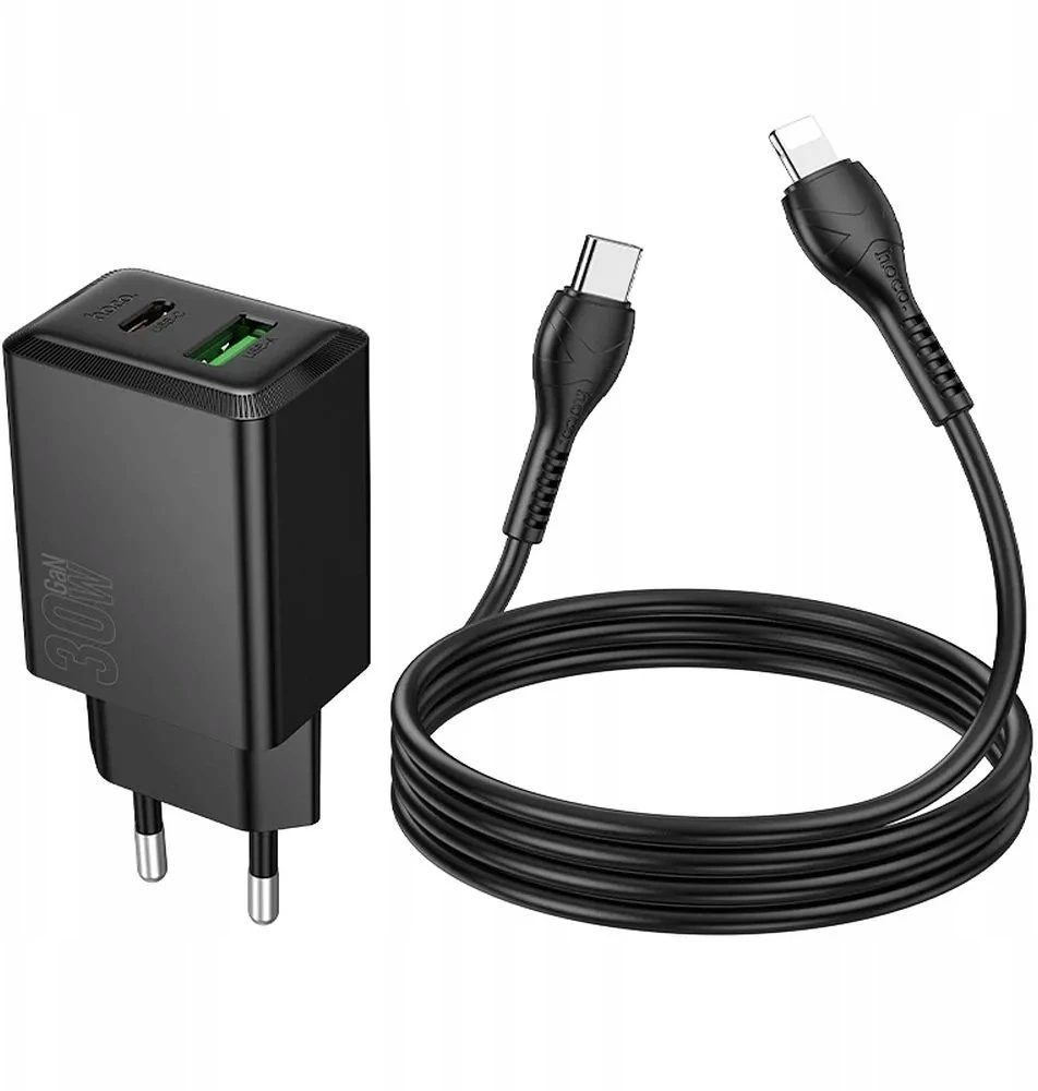Telefono įkroviklis Hoco USB A + USB C QC3.0 PD AFC 3A 30W + laidas USB C į USB C N71 juodas