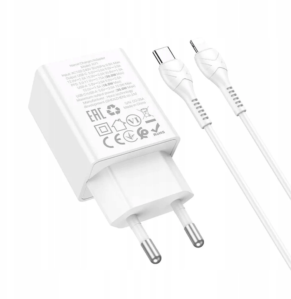 Telefono įkroviklis Hoco USB A + USB C QC3.0 PD AFC 3A 30W + laidas USB C į USB C N71 baltas