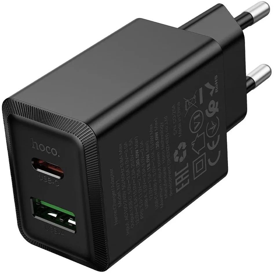 Telefono įkroviklis Hoco USB A + USB C QC3.0 PD AFC 3A 30W N71 juodas