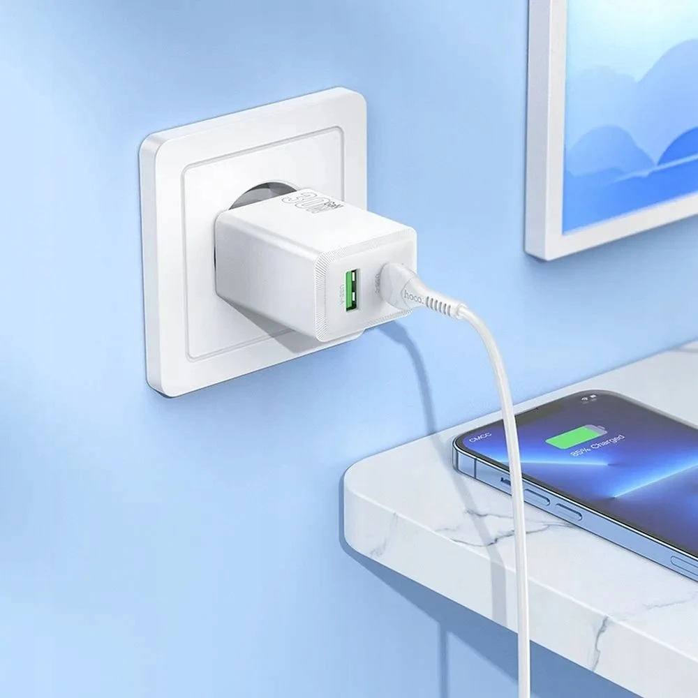 Telefono įkroviklis Hoco USB A + USB C QC3.0 PD AFC 3A 30W + laidas USB C į USB C N71 baltas