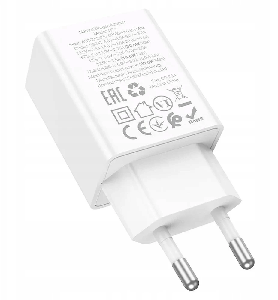 Telefono įkroviklis Hoco USB A + USB C QC3.0 PD AFC 3A 30W N71 baltas