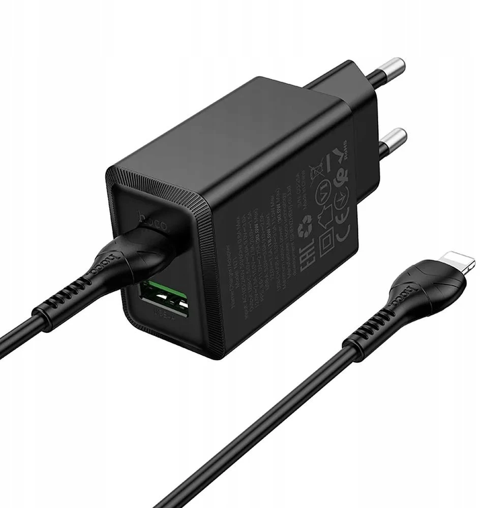 Telefono įkroviklis Hoco USB A + USB C QC3.0 PD AFC 3A 30W + laidas USB C į USB C N71 juodas