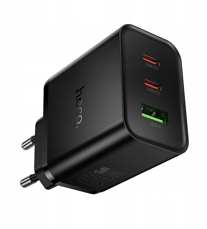 Telefono įkroviklis Hoco 2x USB C + USB A QC3.0 PD 3A 65W N75 juodas