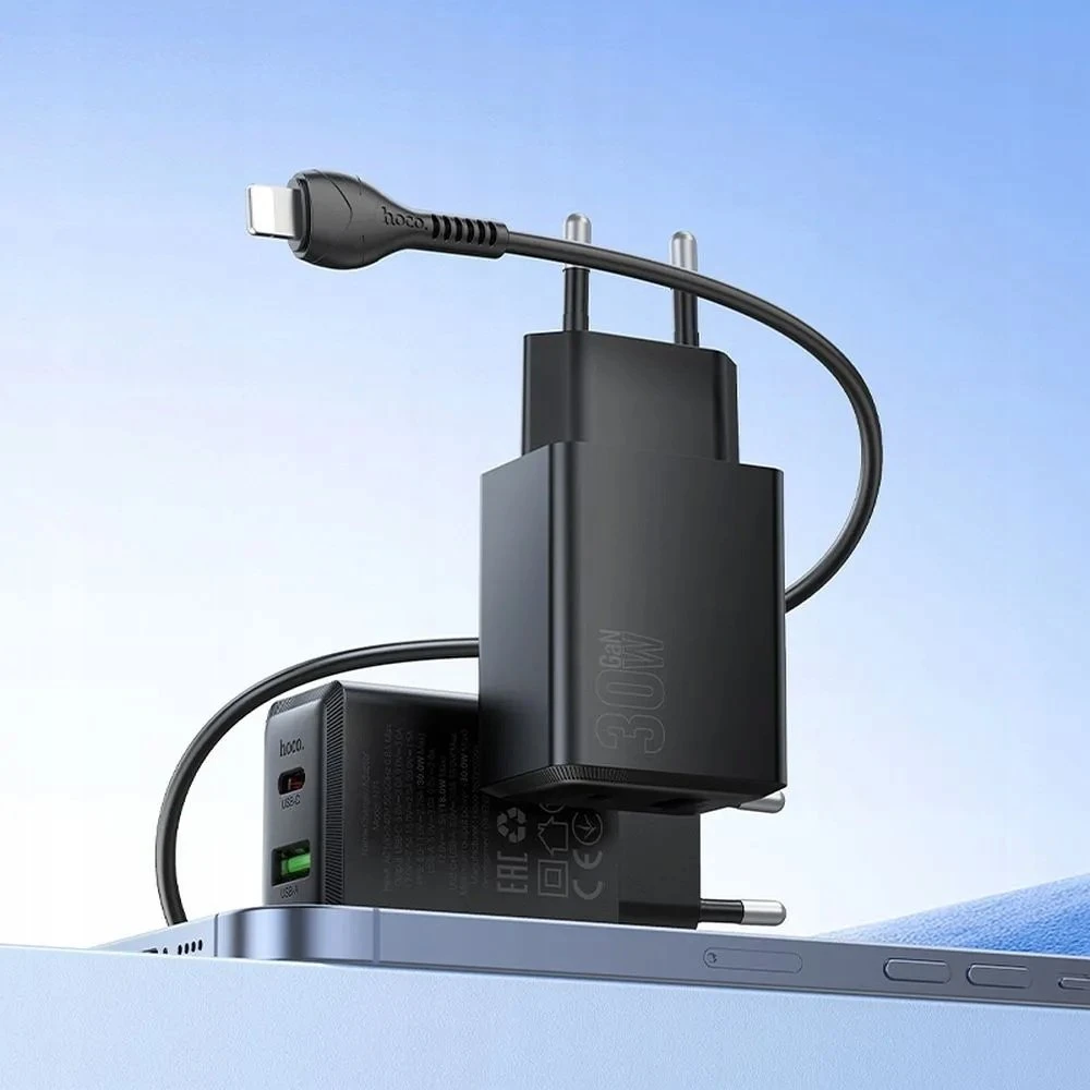 Telefono įkroviklis Hoco USB A + USB C QC3.0 PD AFC 3A 30W + laidas USB C į USB C N71 juodas