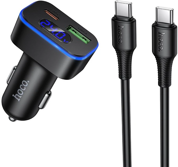 Automobilinis įkroviklis Hoco USB A + USB C PD QC3.0 48W + laidas USB C į C Z63B juodas