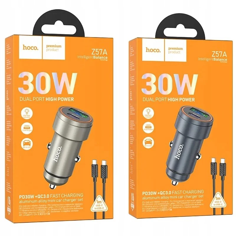 Automobilinis įkroviklis Hoco Z57A 30W USB-C/USB-A + USB-C to USB-C cable 1.0m pilkas