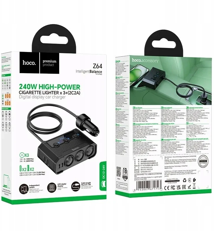 Car charger Hoco 2xUSB A + 2xUSB C+3x cigarette lighter jungtys PD QC3.0 240W Z64 juodas