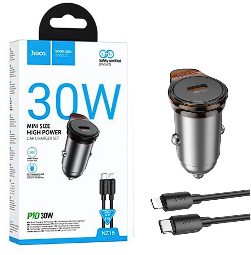 Automobilinis įkroviklis Hoco USB C QC PD 30W + laidas USB C - Lightning NZ16 metalinis pilkas