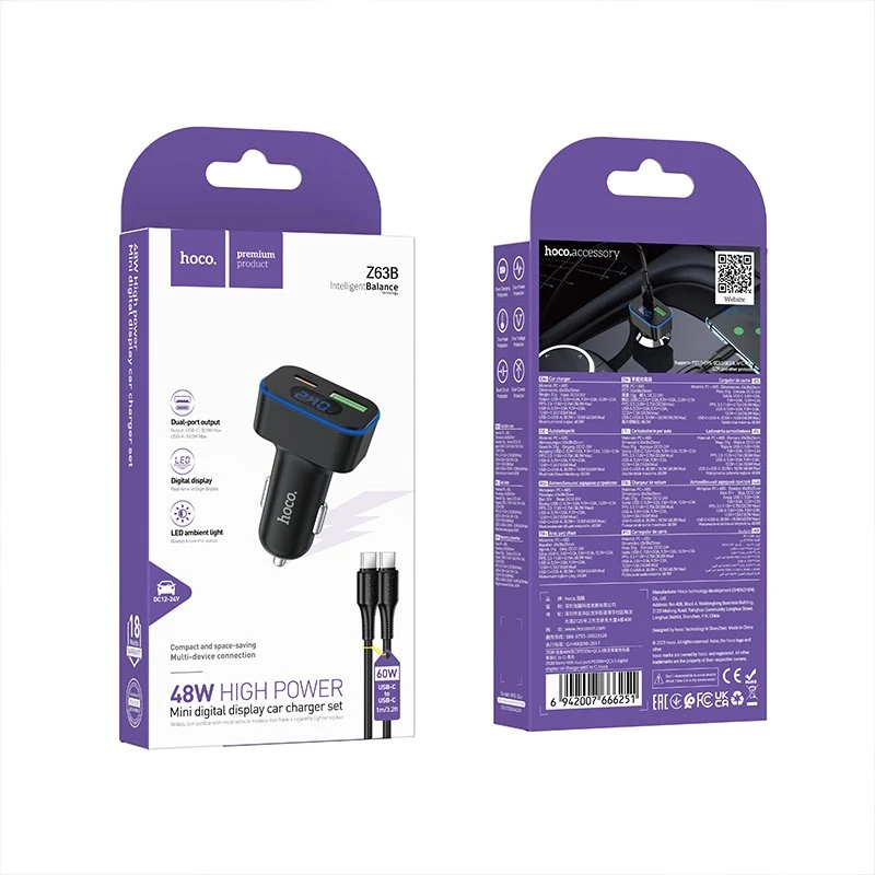 Automobilinis įkroviklis Hoco USB A + USB C PD QC3.0 48W + laidas USB C į C Z63B juodas