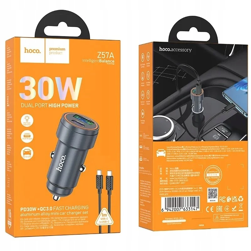 Automobilinis įkroviklis Hoco Z57A 30W USB-C/USB-A + USB-C to USB-C cable 1.0m pilkas