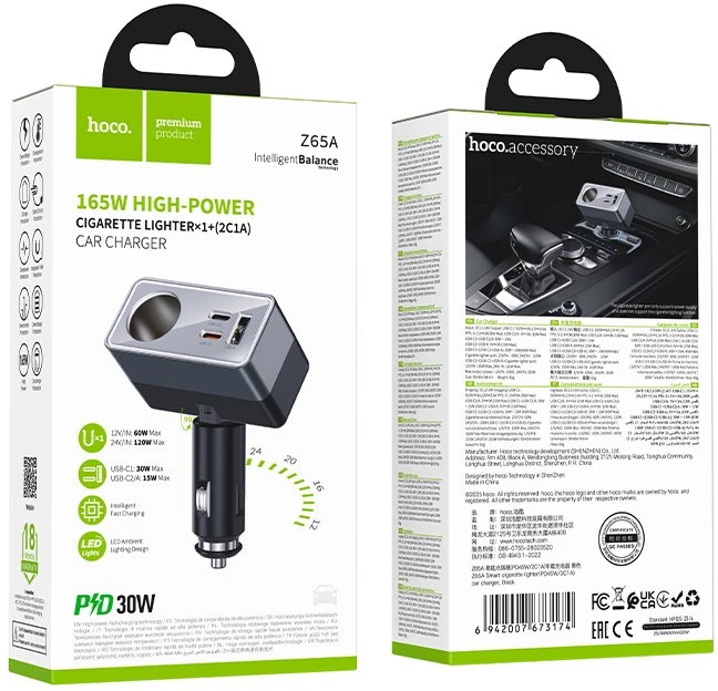 Automobilinis įkroviklis Hoco 1xUSB A + 2xUSB C+1x cigarečių degiklio jungtis PD QC3.0 max 165W/24V Z65A juodas