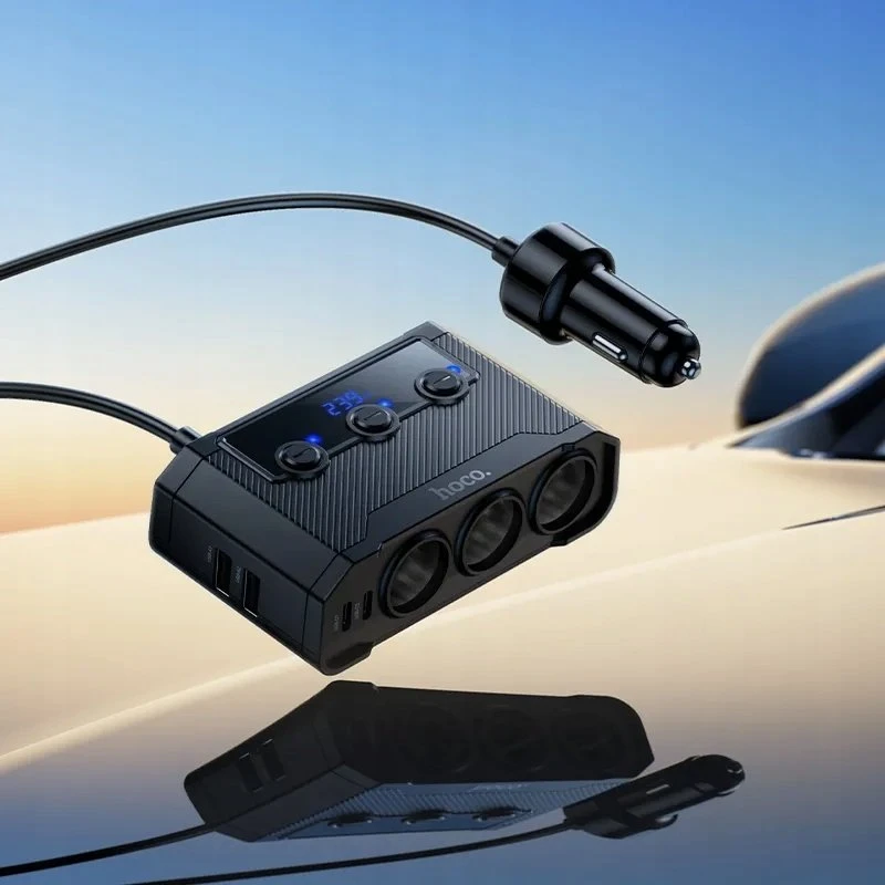 Car charger Hoco 2xUSB A + 2xUSB C+3x cigarette lighter jungtys PD QC3.0 240W Z64 juodas