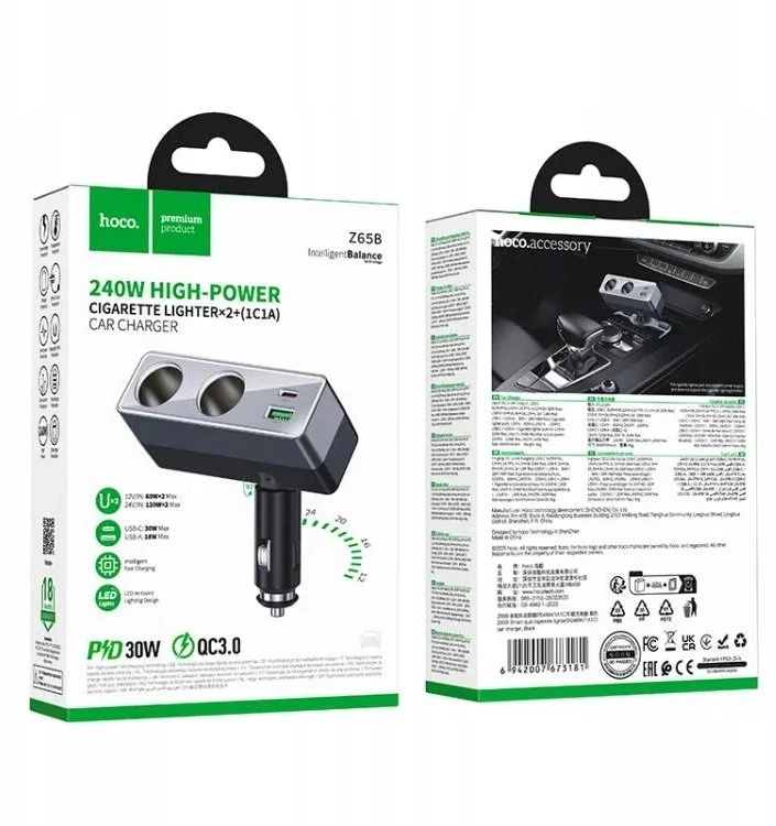 Automobilinis įkroviklis Hoco 1xUSB A + 1xUSB C+2x cigarečių degiklio jungtis PD QC3.0 max 240W/24V Z65B juodas