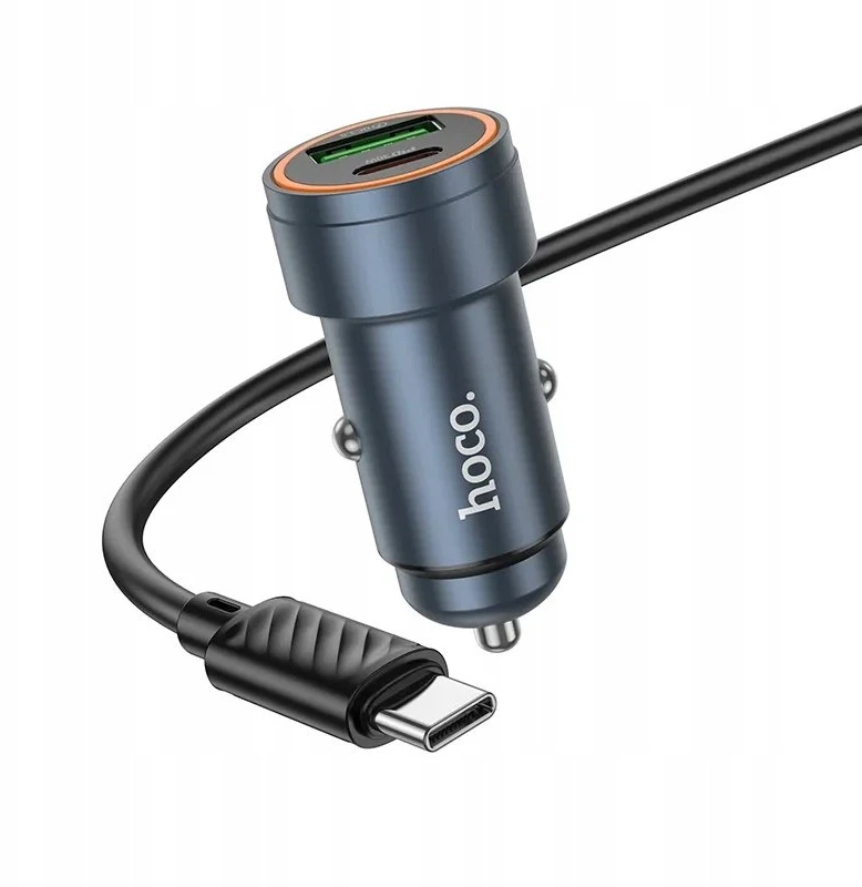 Automobilinis įkroviklis Hoco Z57A 30W USB-C/USB-A + USB-C to USB-C cable 1.0m pilkas