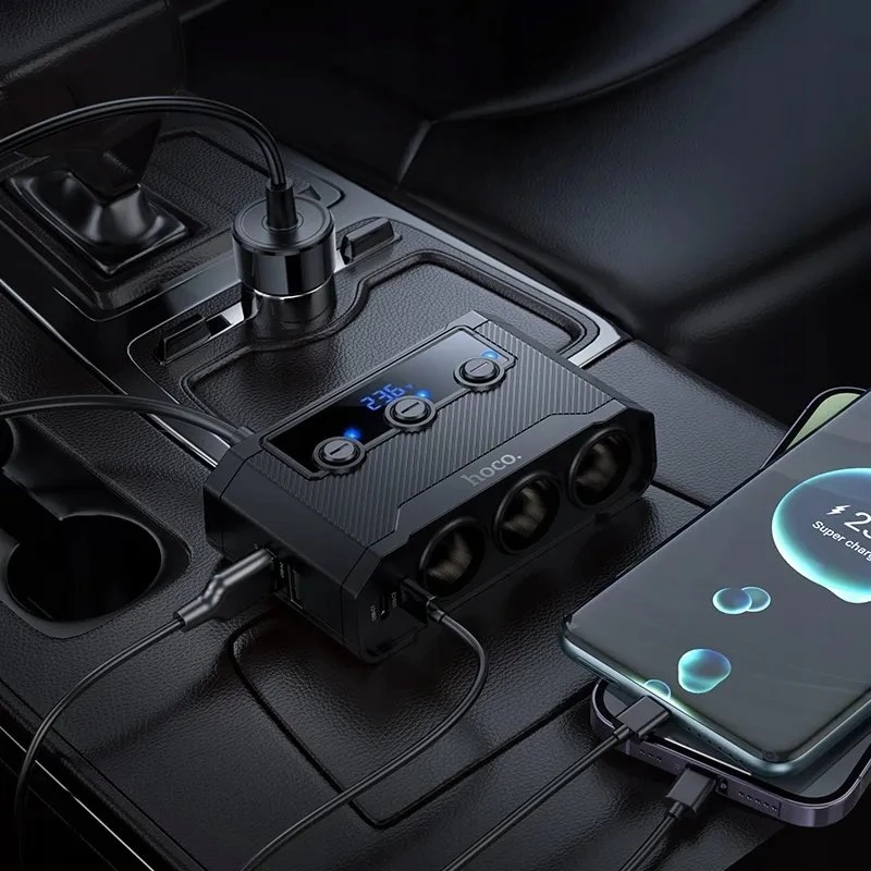Car charger Hoco 2xUSB A + 2xUSB C+3x cigarette lighter jungtys PD QC3.0 240W Z64 juodas