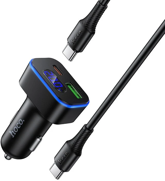 Automobilinis įkroviklis Hoco USB A + USB C PD QC3.0 48W + laidas USB C į C Z63B juodas