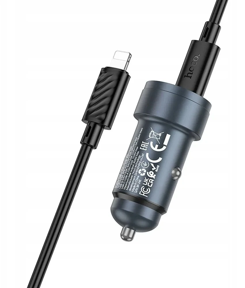 Automobilinis įkroviklis Hoco USB A + USB C QC3.0 PD 30W + laidas USB C - Lightning Z57A juodas