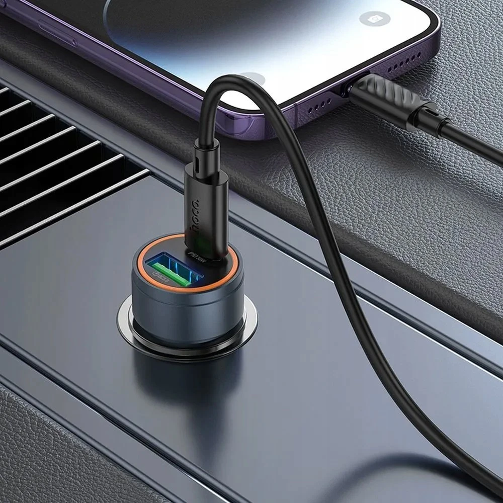 Automobilinis įkroviklis Hoco USB A + USB C QC3.0 PD 30W + laidas USB C - Lightning Z57A juodas