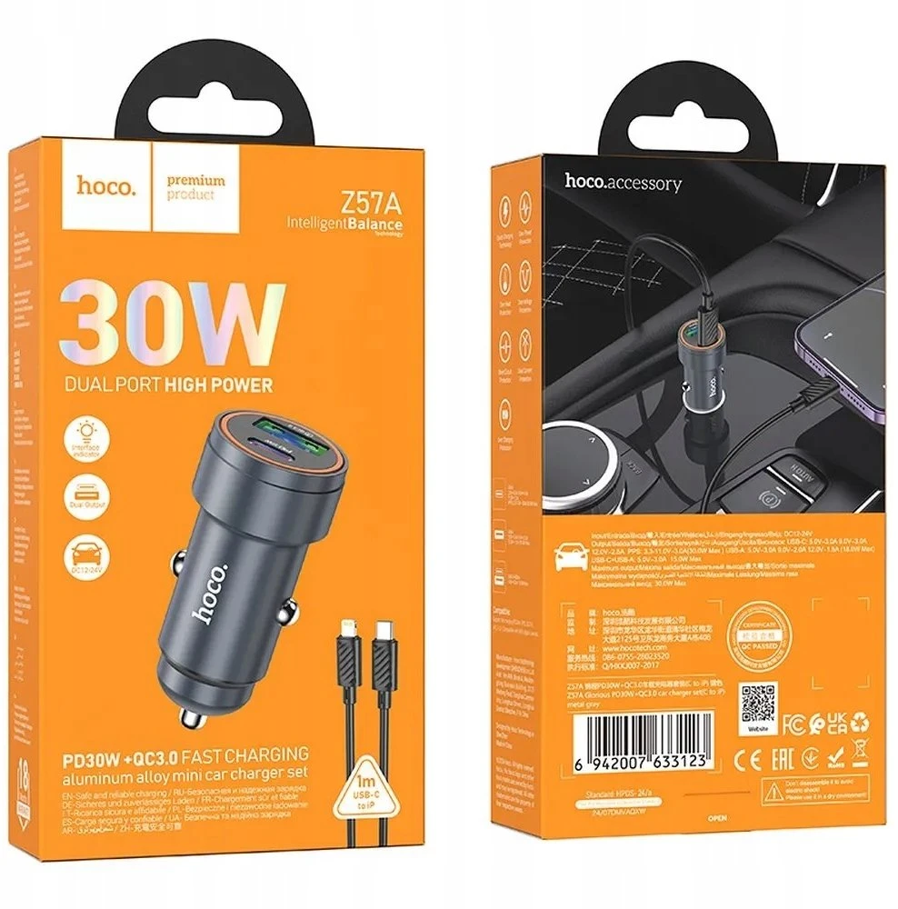 Automobilinis įkroviklis Hoco USB A + USB C QC3.0 PD 30W + laidas USB C - Lightning Z57A juodas