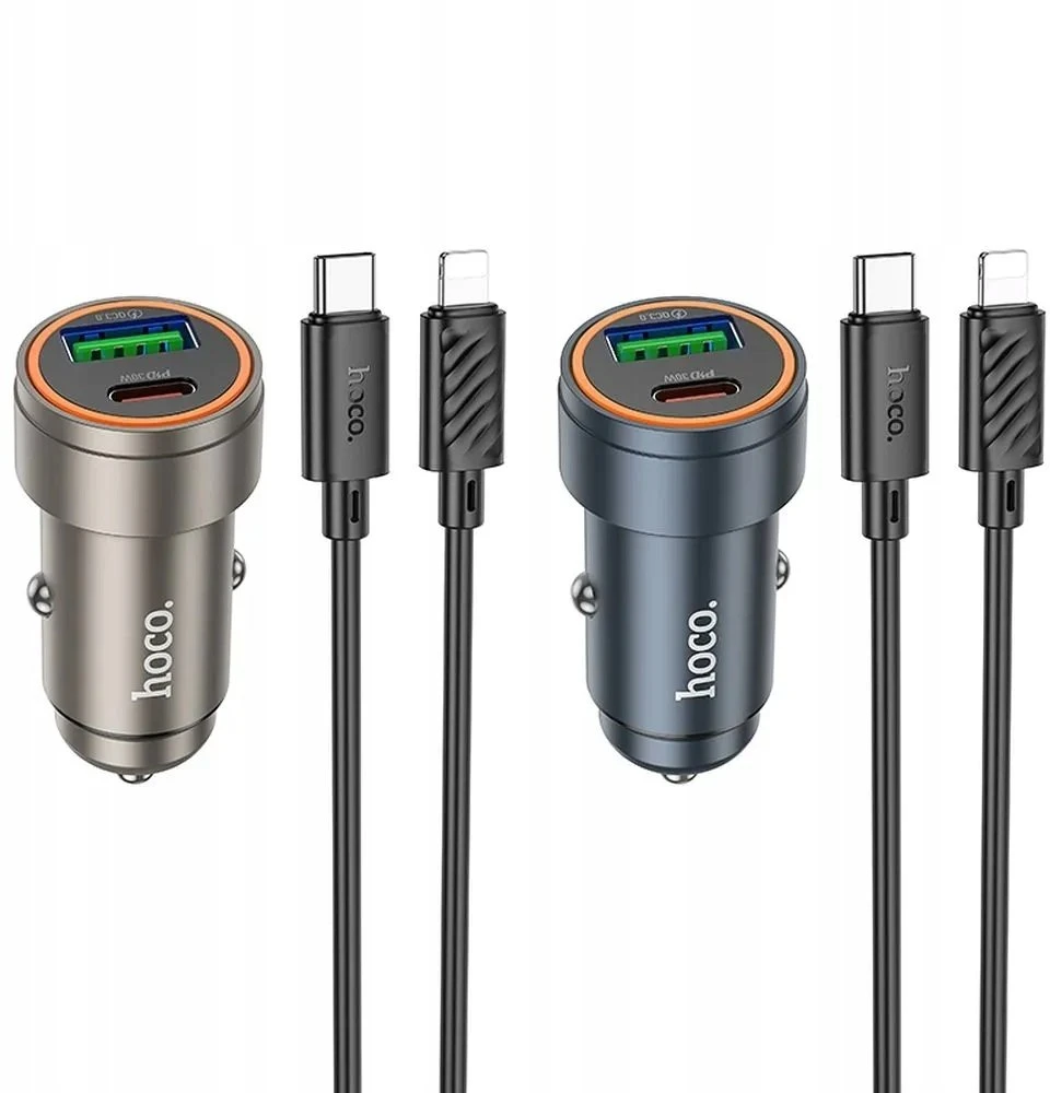 Automobilinis įkroviklis Hoco USB A + USB C QC3.0 PD 30W + laidas USB C - Lightning Z57A juodas