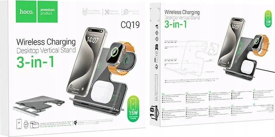 „Hoco 3in1“ 15 W indukcinis įkroviklis, suderinamas su „MagSafe“ ir „APPLE Watch CQ19“, pilkas
